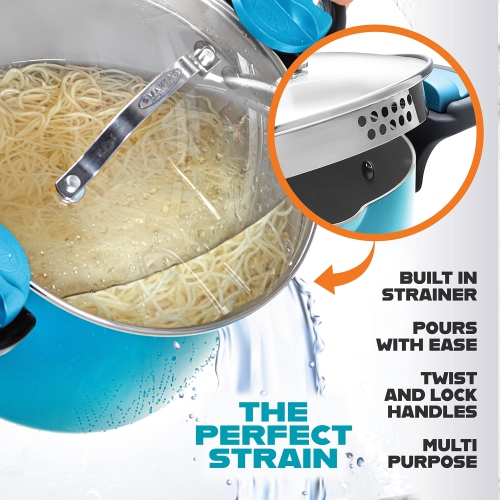 Gotham Steel 5 Quart Stock Pot with Strainer Lid, Nonstick Coated Ceramic Pot, Soup Pot, Pasta Pot with Strainer Insert,