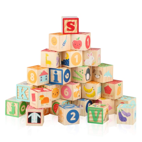 Wondertoys 36PCS Wooden ABC and Number Blocks for Toddlers - 1.65'' Large Stacking Alphabet Building Games - Montessori