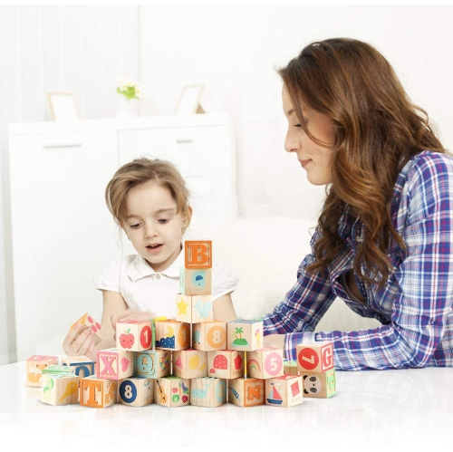 Wondertoys 36PCS Wooden ABC and Number Blocks for Toddlers - 1.65'' Large Stacking Alphabet Building Games - Montessori
