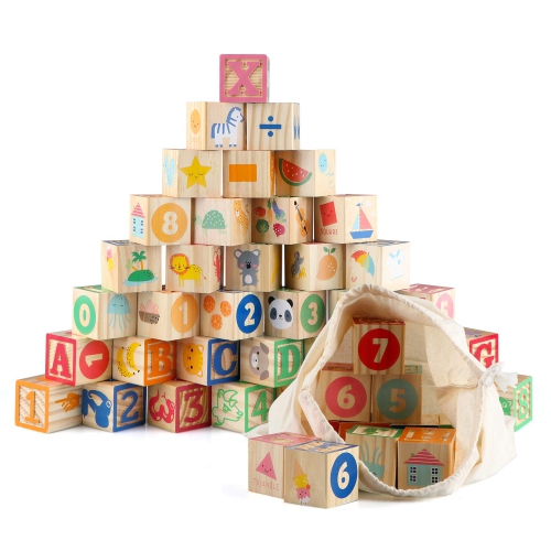Wondertoys 36PCS Wooden ABC and Number Blocks for Toddlers - 1.65'' Large Stacking Alphabet Building Games - Montessori