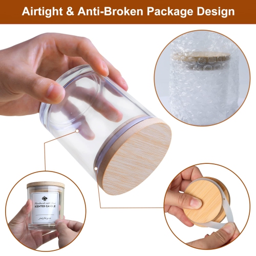 CONNOO 12Pack 10 OZ Clear Glass Candle Jars with Bamboo Lids for Making Candles, Large Size Empty Candle Tins with Woode