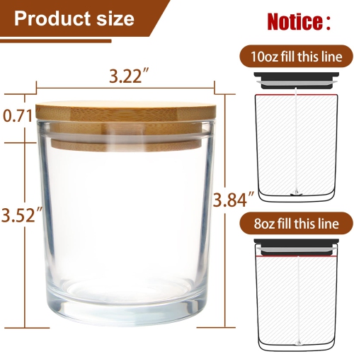 CONNOO 12Pack 10 OZ Clear Glass Candle Jars with Bamboo Lids for Making Candles, Large Size Empty Candle Tins with Woode