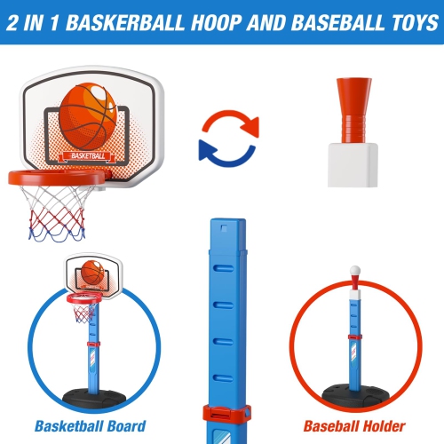 HYES 2 in 1 Kids Basketball Hoop and T Ball Set - Adjustable Height, Kids Baseball Tee with Automatic Pitching Machine,