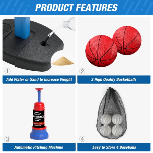 HYES 2 in 1 Kids Basketball Hoop and T Ball Set - Adjustable Height, Kids Baseball Tee with Automatic Pitching Machine,