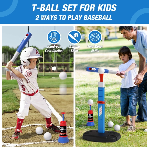 HYES 2 in 1 Kids Basketball Hoop and T Ball Set - Adjustable Height, Kids Baseball Tee with Automatic Pitching Machine,