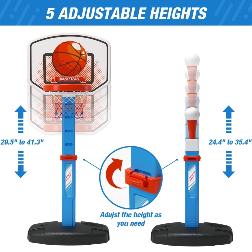 HYES 2 in 1 Kids Basketball Hoop and T Ball Set - Adjustable Height, Kids Baseball Tee with Automatic Pitching Machine,