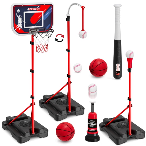 HYES 4 in 1 Kids Basketball Hoop and Tball Set for Toddlers 3-5, Adjustable Hanging Tee Ball Stand with Automatic Pitchi