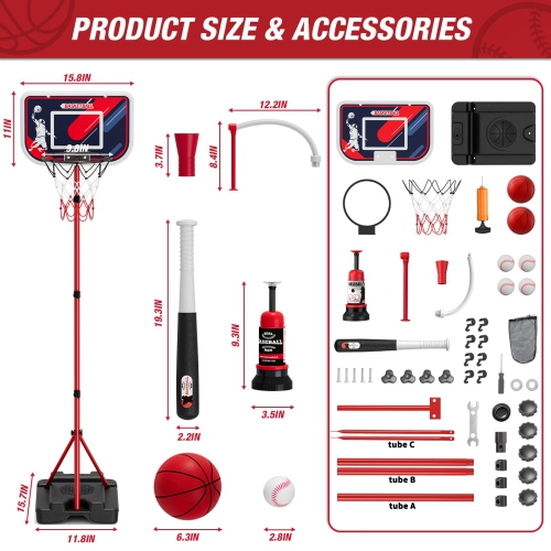HYES 4 in 1 Kids Basketball Hoop and Tball Set for Toddlers 3-5, Adjustable Hanging Tee Ball Stand with Automatic Pitchi