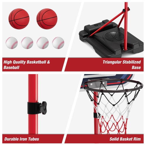 HYES 4 in 1 Kids Basketball Hoop and Tball Set for Toddlers 3-5, Adjustable Hanging Tee Ball Stand with Automatic Pitchi