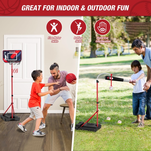 HYES 4 in 1 Kids Basketball Hoop and Tball Set for Toddlers 3-5, Adjustable Hanging Tee Ball Stand with Automatic Pitchi