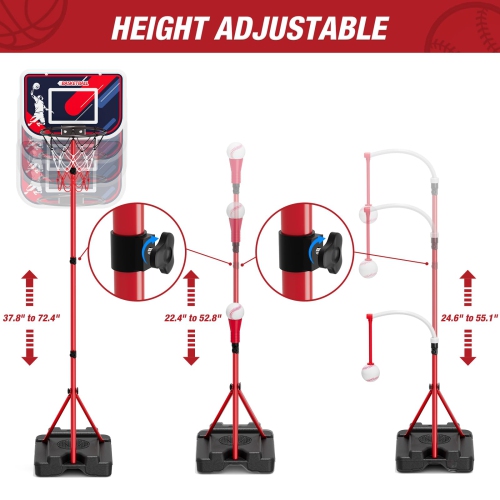 HYES 4 in 1 Kids Basketball Hoop and Tball Set for Toddlers 3-5, Adjustable Hanging Tee Ball Stand with Automatic Pitchi