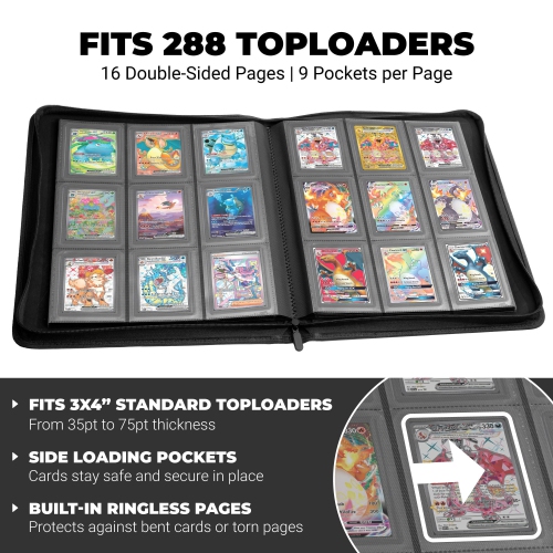 Onyx Toploader Binder 9-Pocket 288 Toploaders - 16 Ringless Double Sided Pages for Cards in 3" x 4" Top Loaders - 9 Pock
