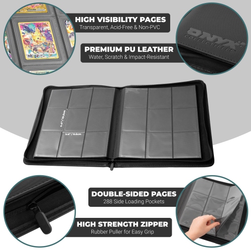 Onyx Toploader Binder 9-Pocket 288 Toploaders - 16 Ringless Double Sided Pages for Cards in 3" x 4" Top Loaders - 9 Pock