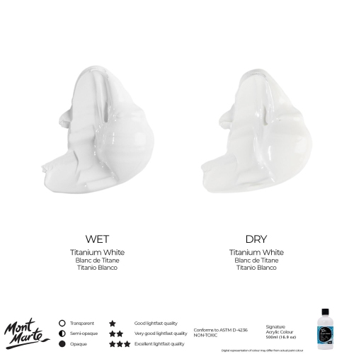 Mont Marte – Peinture acrylique blanc titane, 16,9 oz, paq. 6, 16,9 oz (500 ml), fini semi-mat Convient à f