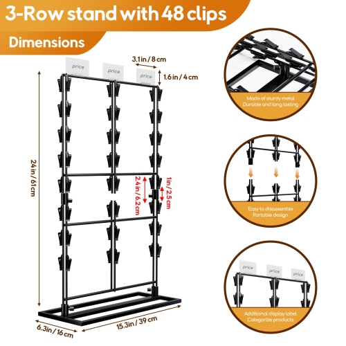 Puricon Chip Rack Display Stand, 3 Row with 48 Clips Chip Stand Display for Party Retail Potato Chip Bag Holder Potato C