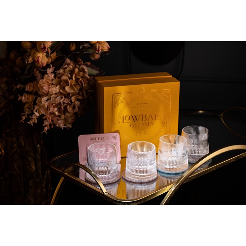 Vintage Art Deco Verres Speakeasy lowball | Ensemble de 4 | Verres en cristal 9&nbsp;oz pour boisson classique Gin, Rhum, Vodka Bar D