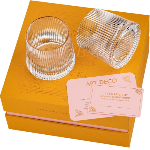 Vintage Art Deco Verres Speakeasy lowball | Ensemble de 4 | Verres en cristal 9&nbsp;oz pour boisson classique Gin, Rhum, Vodka Bar D