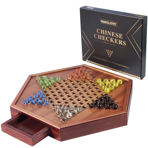VAMSLOVE  Chinese Checkers 15" Large Upgraded Version Wooden Game Board, 16MM 60+12 Colorful Glass Marbles, Easy Grasping