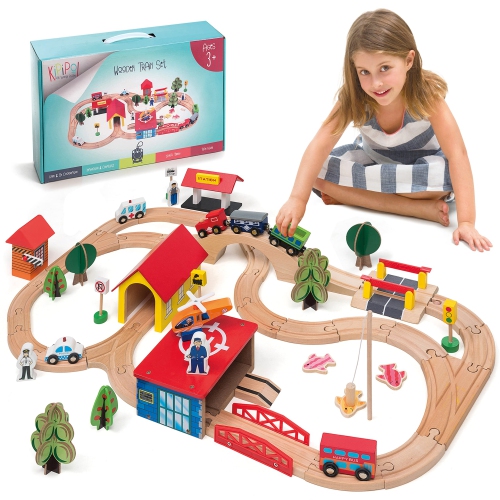KipiPol Wooden Train Set - 69 Pieces Wooden Train Tracks & Trains for Kids, Toddler Boys and Girls 3,4,5 Years Old and U
