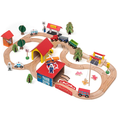 KipiPol Wooden Train Set - 69 Pieces Wooden Train Tracks & Trains for Kids, Toddler Boys and Girls 3,4,5 Years Old and U