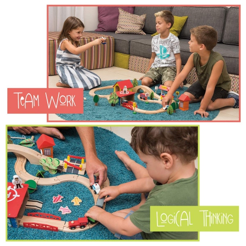 KipiPol Wooden Train Set - 69 Pieces Wooden Train Tracks & Trains for Kids, Toddler Boys and Girls 3,4,5 Years Old and U