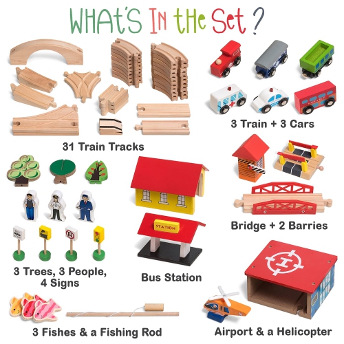 KipiPol Wooden Train Set - 69 Pieces Wooden Train Tracks & Trains for Kids, Toddler Boys and Girls 3,4,5 Years Old and U