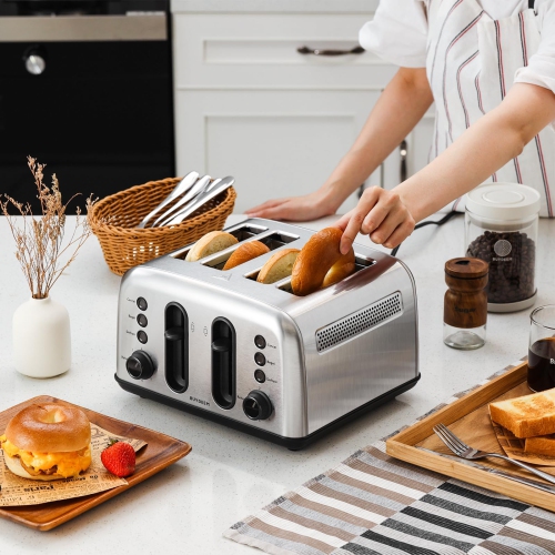 BUYDEEM DT440 4 Slice Toaster, Stainless Steel Toaster with Extra Wide Slots for Bagels, Muffins, High Lift Lever, 6 Sha