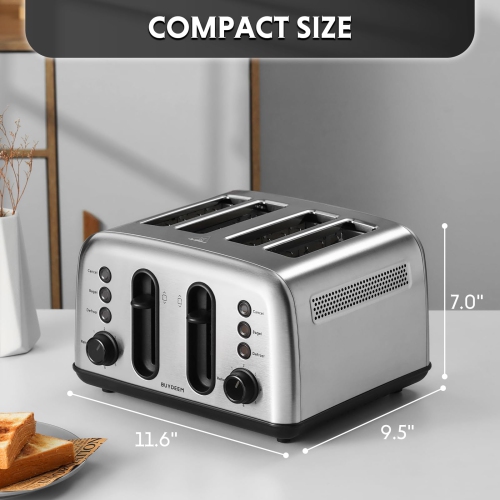 BUYDEEM DT440 4 Slice Toaster, Stainless Steel Toaster with Extra Wide Slots for Bagels, Muffins, High Lift Lever, 6 Sha