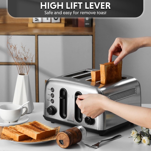 BUYDEEM DT440 4 Slice Toaster, Stainless Steel Toaster with Extra Wide Slots for Bagels, Muffins, High Lift Lever, 6 Sha