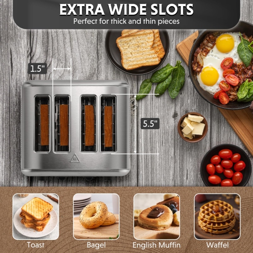 BUYDEEM DT440 4 Slice Toaster, Stainless Steel Toaster with Extra Wide Slots for Bagels, Muffins, High Lift Lever, 6 Sha