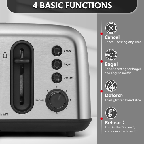 BUYDEEM DT440 4 Slice Toaster, Stainless Steel Toaster with Extra Wide Slots for Bagels, Muffins, High Lift Lever, 6 Sha