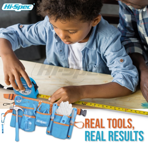 Hi-Spec 16 Piece Blue Kids Tool Kit Set & Child Size Tool Belt. Real Metal Hand Tools for Young Ages to Start DIY Buildi