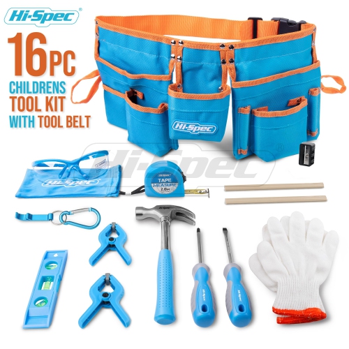 Hi-Spec 16 Piece Blue Kids Tool Kit Set & Child Size Tool Belt. Real Metal Hand Tools for Young Ages to Start DIY Buildi
