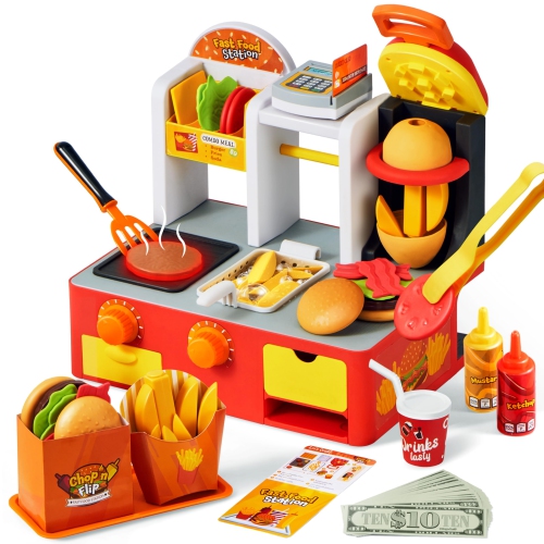 Play Kitchen Toddler Toy - 40+ PCS Fast Food Station with Potato Cutter, Simulated Frying Effect & Lights, Order & Drink