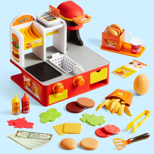 Play Kitchen Toddler Toy - 40+ PCS Fast Food Station with Potato Cutter, Simulated Frying Effect & Lights, Order & Drink