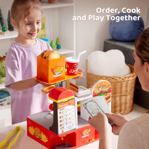 Play Kitchen Toddler Toy - 40+ PCS Fast Food Station with Potato Cutter, Simulated Frying Effect & Lights, Order & Drink