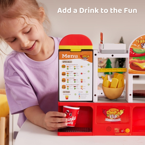 Play Kitchen Toddler Toy - 40+ PCS Fast Food Station with Potato Cutter, Simulated Frying Effect & Lights, Order & Drink