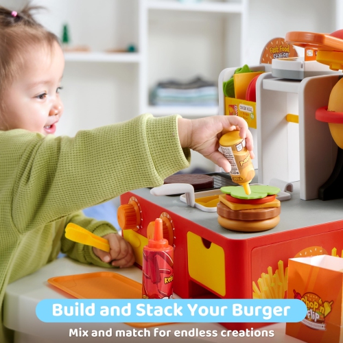 Play Kitchen Toddler Toy - 40+ PCS Fast Food Station with Potato Cutter, Simulated Frying Effect & Lights, Order & Drink