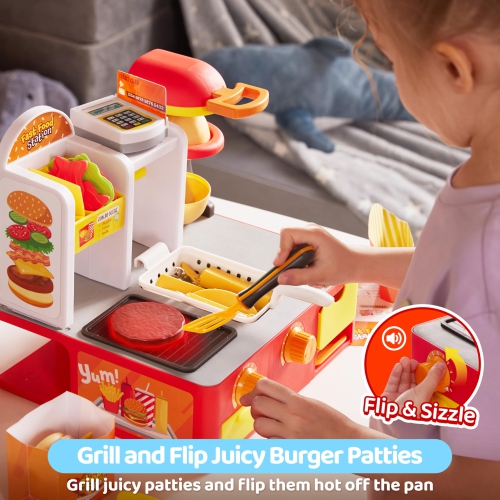 Play Kitchen Toddler Toy - 40+ PCS Fast Food Station with Potato Cutter, Simulated Frying Effect & Lights, Order & Drink