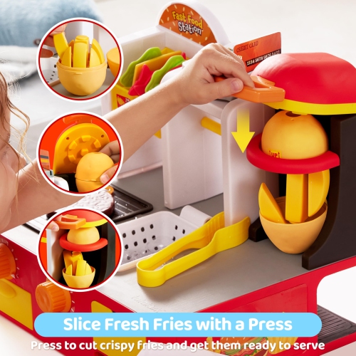 Play Kitchen Toddler Toy - 40+ PCS Fast Food Station with Potato Cutter, Simulated Frying Effect & Lights, Order & Drink