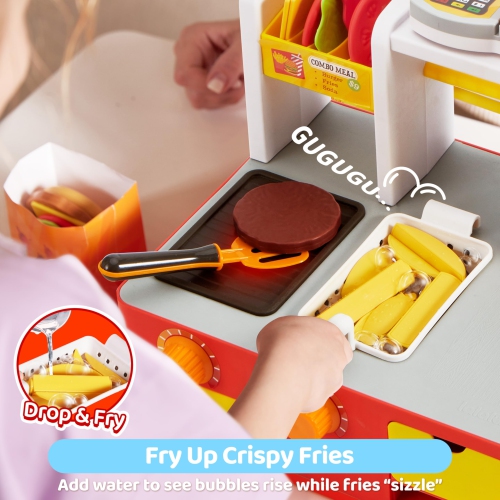 Play Kitchen Toddler Toy - 40+ PCS Fast Food Station with Potato Cutter, Simulated Frying Effect & Lights, Order & Drink