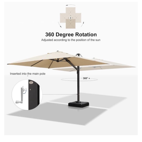 Maxxus 10&nbsp;pi. Parasol extérieur en porte-à-faux carré en aluminium à double dessus et à rotation de 360°, brun clair, avec base de poids pouvant