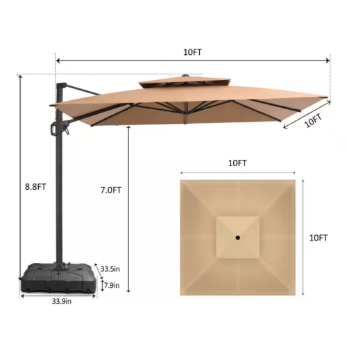 Maxxus 10&nbsp;pi. Parasol extérieur en porte-à-faux carré en aluminium à double dessus et à rotation de 360°, brun clair, avec base de poids pouvant