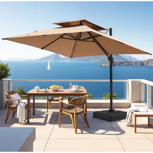 Maxxus 10&nbsp;pi. Parasol extérieur en porte-à-faux carré en aluminium à double dessus et à rotation de 360°, brun clair, avec base de poids pouvant