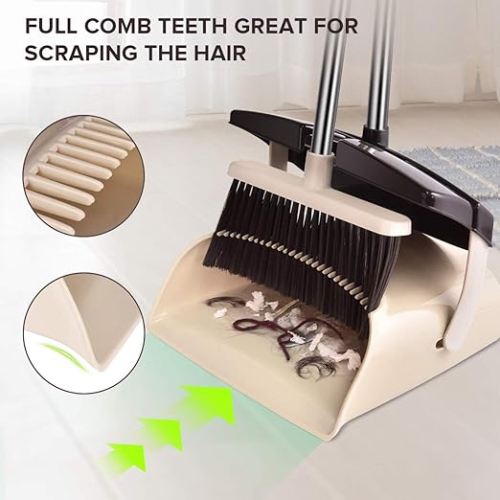 Mosuch Broom and Dustpan Set Extendable Long Handle Brooms Upright Standing Dustpans Lightweight Stainless Self-Clean Soft Broom Combo for Home