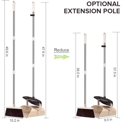 Mosuch Broom and Dustpan Set Extendable Long Handle Brooms Upright Standing Dustpans Lightweight Stainless Self-Clean Soft Broom Combo for Home