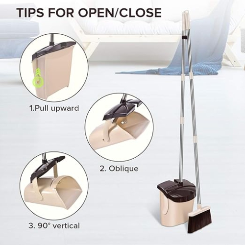 Mosuch Broom and Dustpan Set Extendable Long Handle Brooms Upright Standing Dustpans Lightweight Stainless Self-Clean Soft Broom Combo for Home
