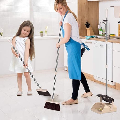 Mosuch Broom and Dustpan Set Extendable Long Handle Brooms Upright Standing Dustpans Lightweight Stainless Self-Clean Soft Broom Combo for Home