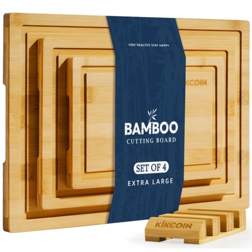 Ensemble de 4 planches à découper surdimensionnées en bambou avec support – convient aux couteaux, rainures pour le jus, poignées invisibles,