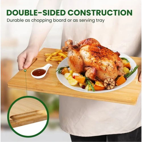 Ensemble de 4 planches à découper surdimensionnées en bambou avec support – convient aux couteaux, rainures pour le jus, poignées invisibles,